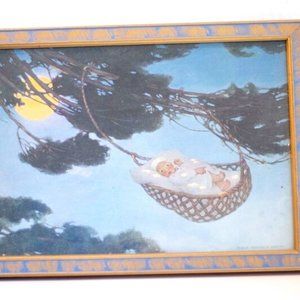 RARE Vintage Framed Print by Artist Jessie Wilcox Smith, Baby In Basket